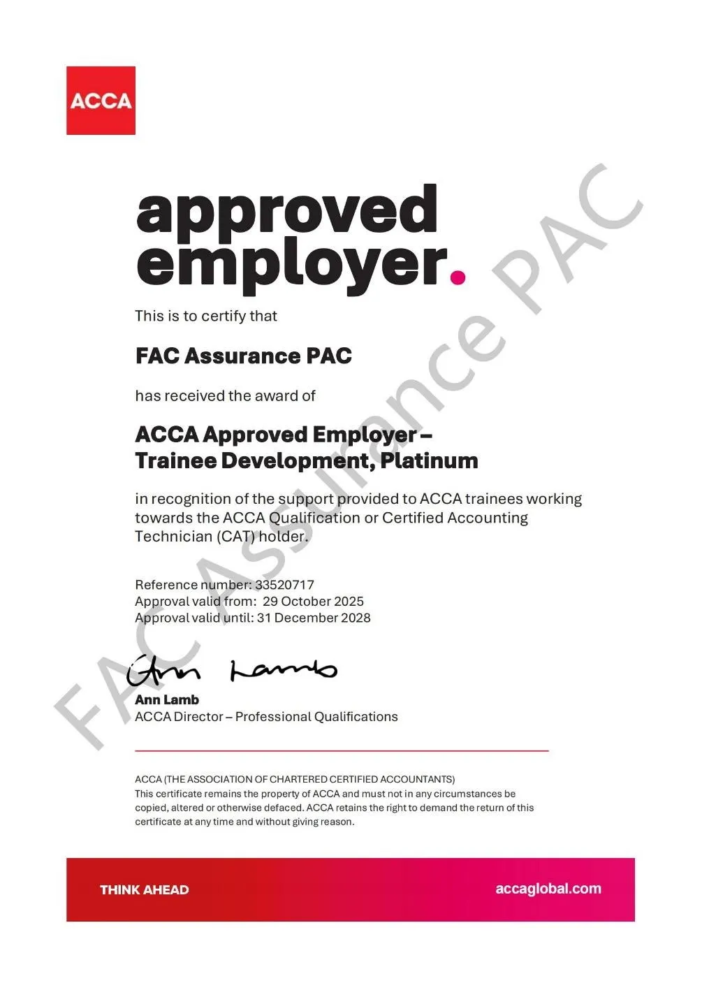 ACCA Approved Employer - Trainee Development, Platinum