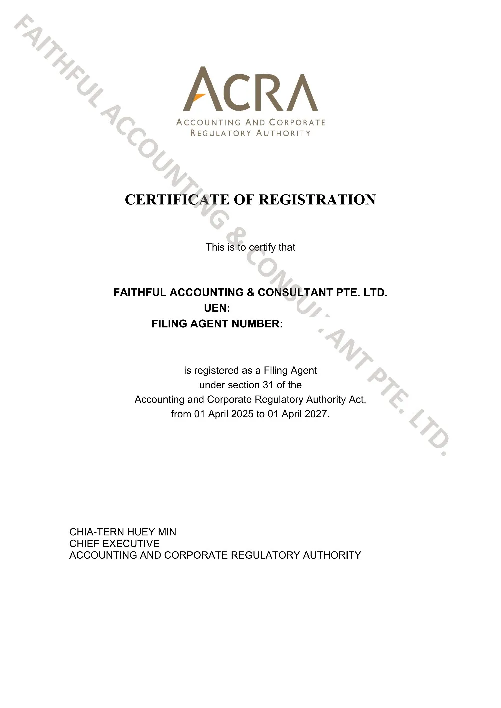 Certificate from the Accounting and Corporate Regulatory Authority of Singapore (ACRA)