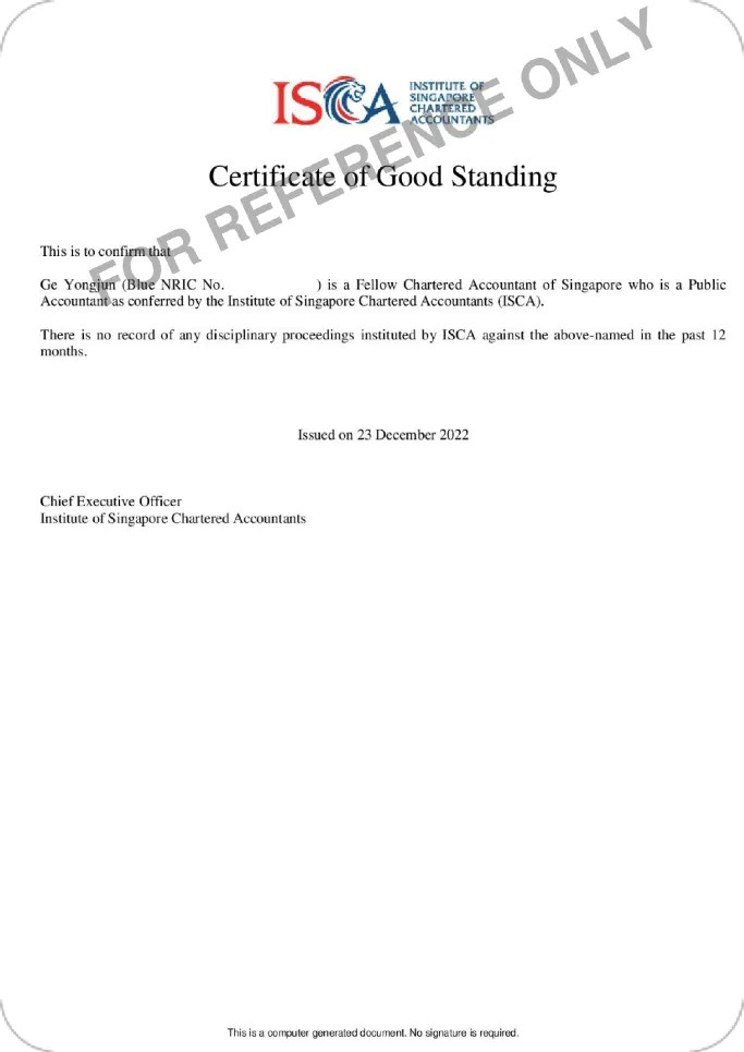 Fellow Chartered Accountant Certificate from the Institute of Singapore Chartered Accountants