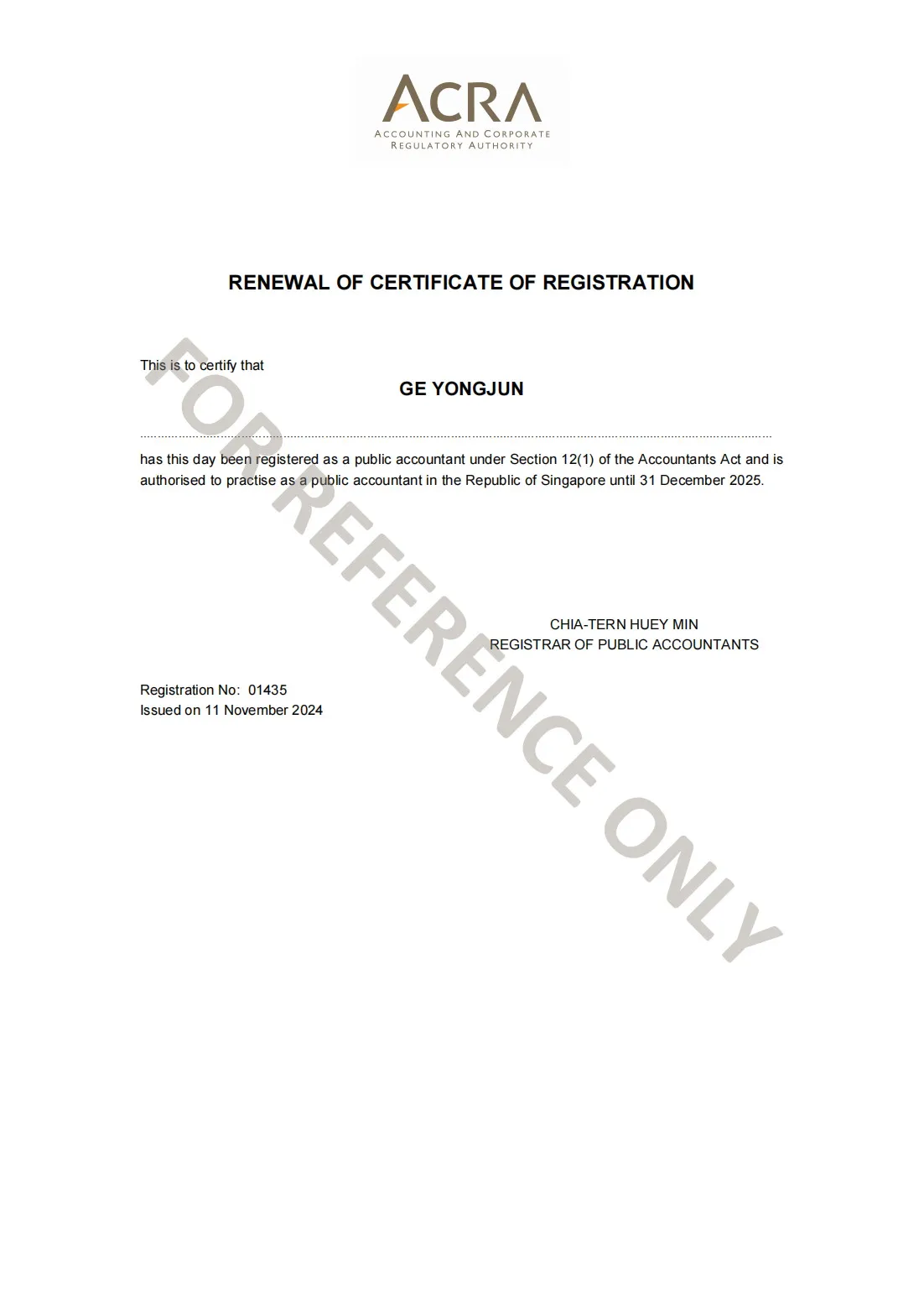 Chartered Certified Public Accountant Certificate issued by the Singapore Government